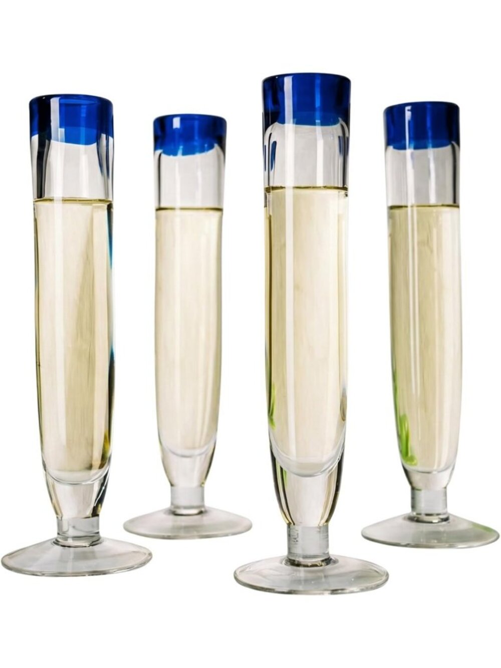 Elegant Cobalt Blue Rim Champagne Flutes - Set of 4 - Hand Blown Glassware for